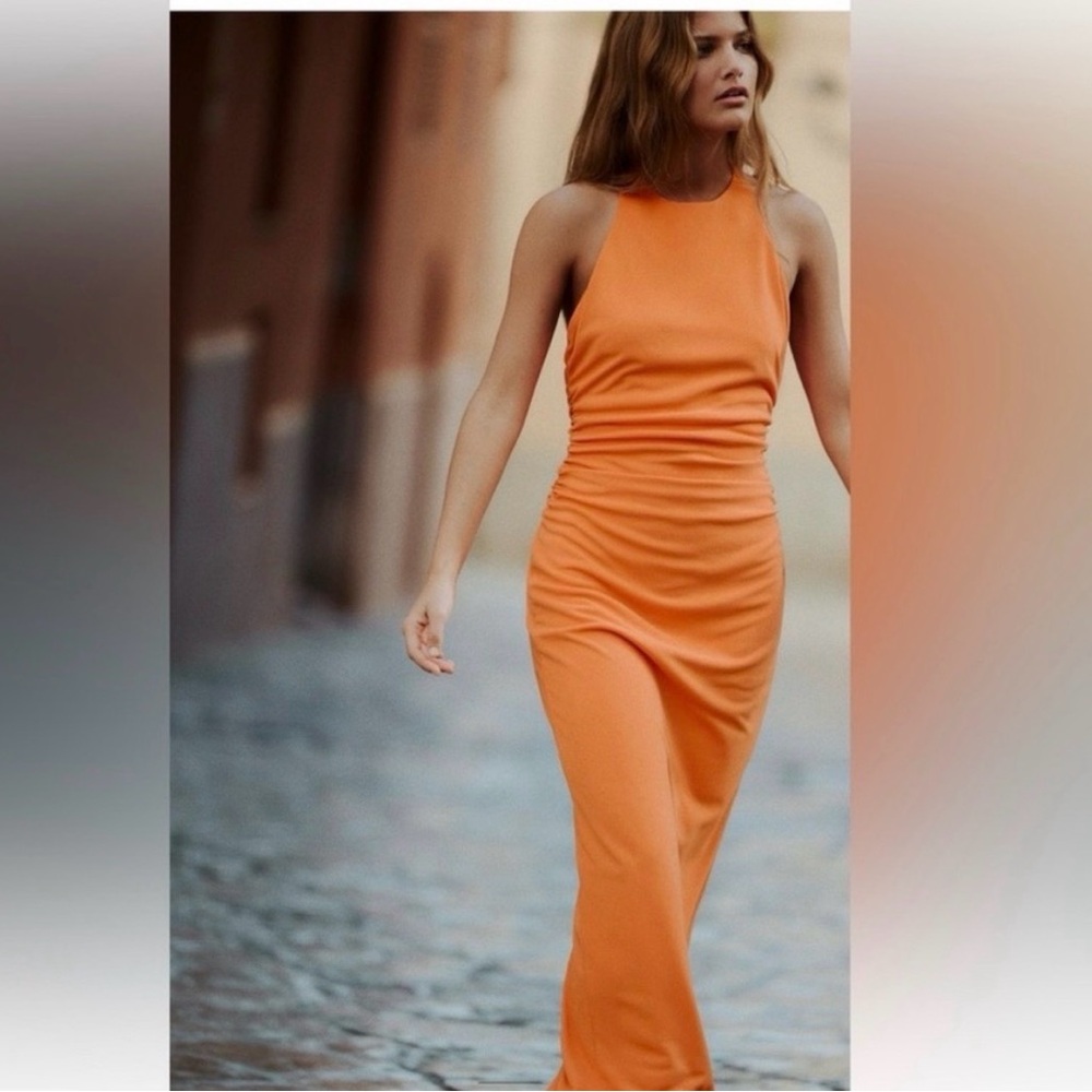 Zara Tangerine Ruched Bodycon stretchSleeveless Dress Maxi Backless Halter